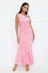 Sultry Poise Mesh Off Shoulder Maxi Dress Pink