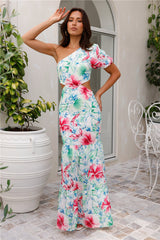 Where Wildflowers Bloom One Shoulder Maxi Dress Print