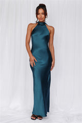 The Cleo Halter Satin Maxi Dress Teal