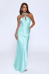 Rule Her World Halter Satin Maxi Dress Aqua