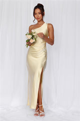 The Aurora One Shoulder Satin Maxi Dress Yellow