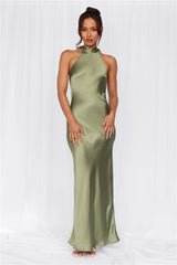 The Cleo Halter Satin Maxi Dress Olive